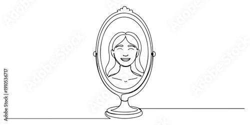 Continuous one line of a beauty mirror with a smiling reflection, representing confidence and self-image, drawn illustration.