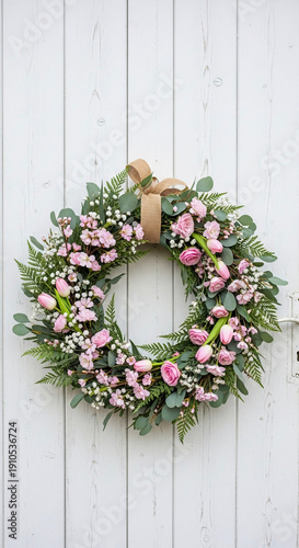Easter wreath with pink flowers and greenery hanging on a wall  