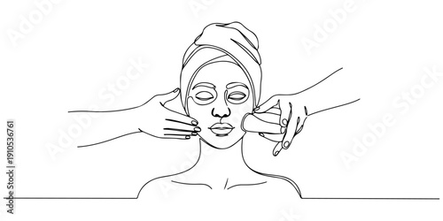 Continuous one line of a facial roller usage, representing a modern beauty routine, drawn illustration.