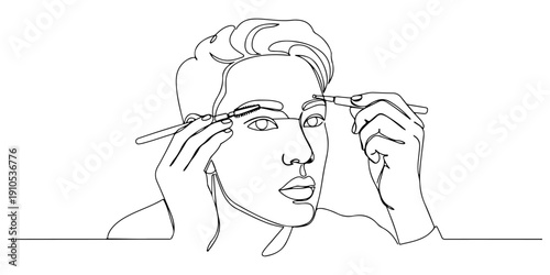 Continuous one line of a person brushing their eyebrows, representing grooming and self-care, drawn illustration.
