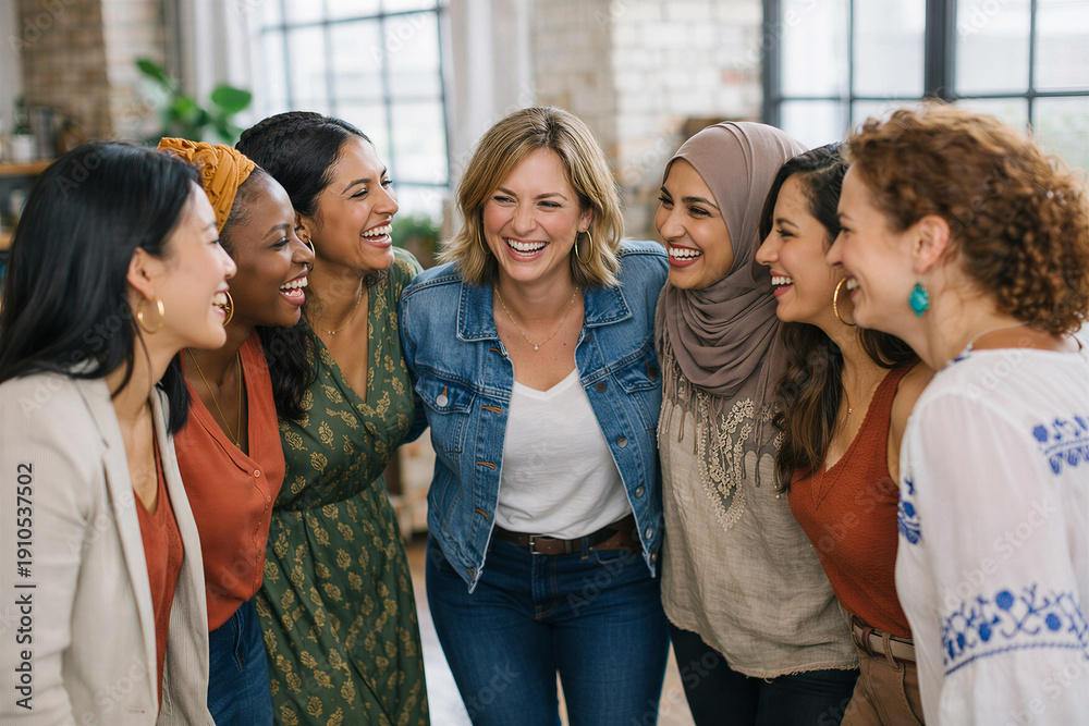 Obraz premium Diverse Group of Happy Women Laughing Together in a Circle - Unity and Inclusion for International Women's Day