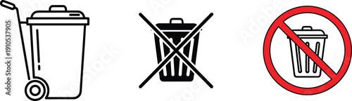 Trash bin and no garbage sign icon set, waste disposal and prohibition symbols in line and solid vector style isolated on light background