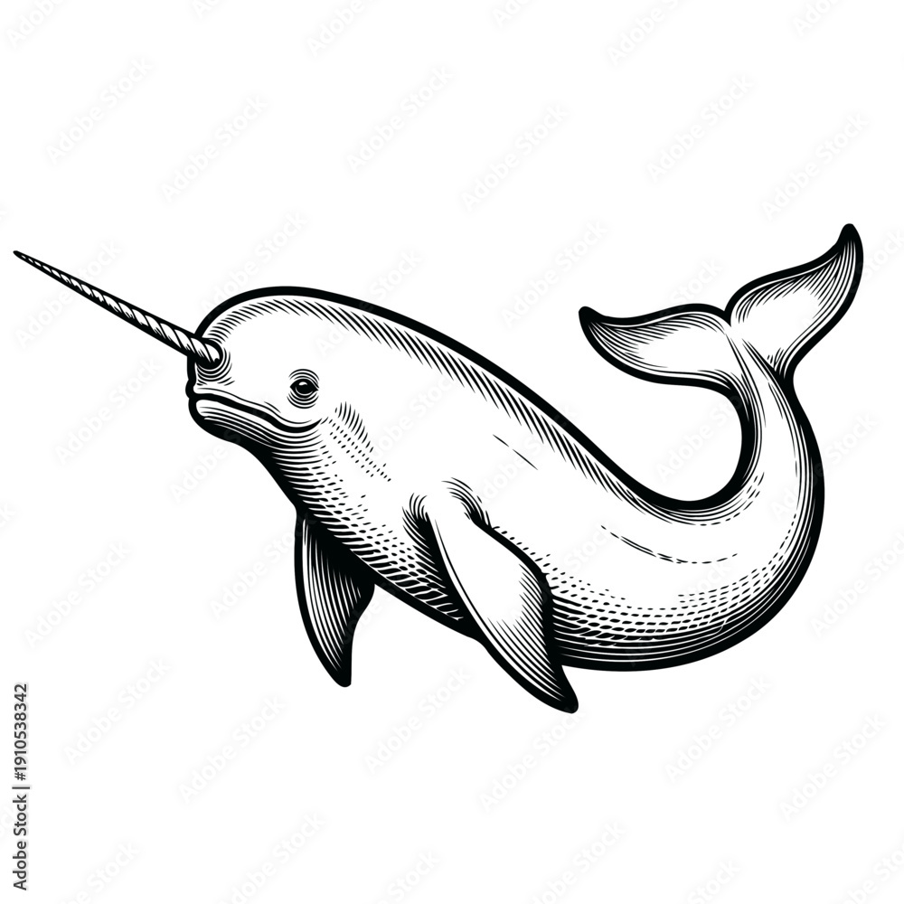 Fototapeta premium Vintage engraved narwhal illustration in black and white