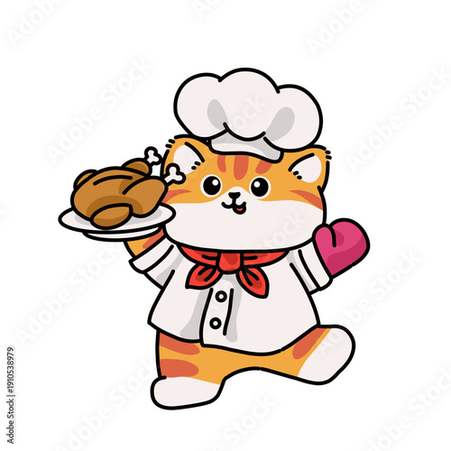 Cat Chef Holding Chicken Plate