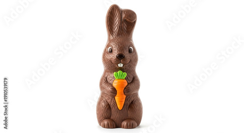 Chocolate bunny holding a carrot on white background  