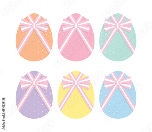 Set of pastel colored Easter eggs in cute ribbon adorable style for decoration card sticker print etc