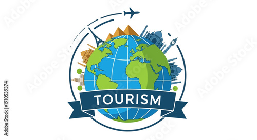 Global Travel and Tourism Concept Illustration with Earth Globe, Airplane, and Famous World Landmarks for Vacation and Exploration