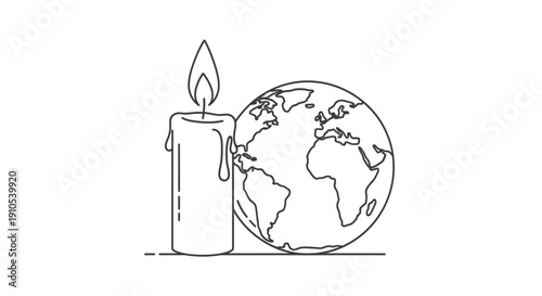 Candle and Globe Line Art Illustration.