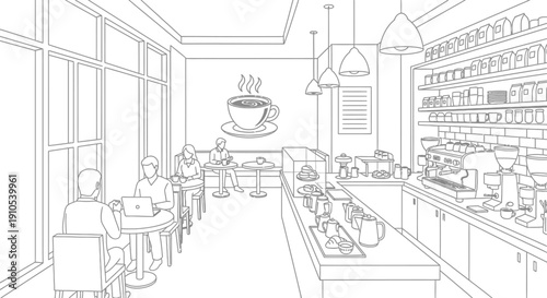 Coffee Shop Interior Line Art Illustration.