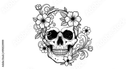 Detailed Human Skull with Floral Decorations.