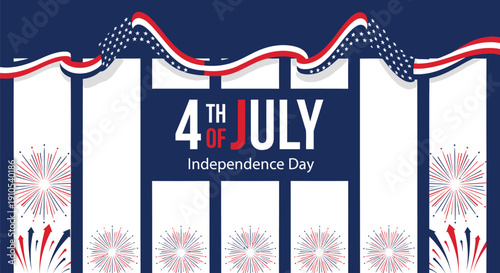 4th of July Independence Day banner with fireworks and patriotic ribbons, vector illustration for poster or social media