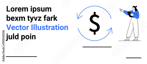 Business professional with tablet gestures toward a dollar sign within circular arrows. Ideal for finance, consulting, economic growth, investments, presentations, strategies, simple landing page