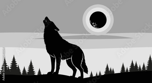Silhouette of Wolf Howling at Moon.