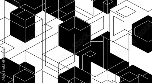 Black and White 3D Cubes Geometric Pattern.