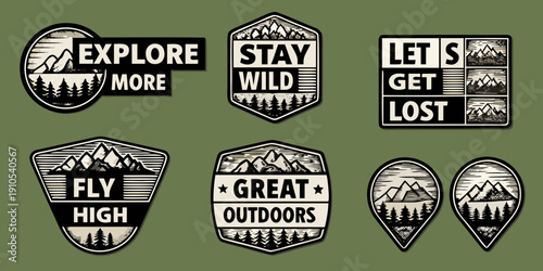Collection of outdoor adventure badges with mountain and forest motifs