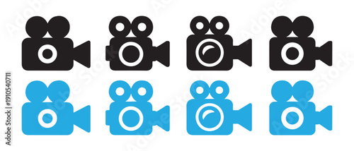 Vintage Film Camera Icons Set. in Black and Blue Flat Design for Video and Movie Production.