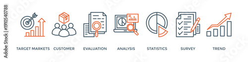 Market research banner web icon vector illustration concept with icon of target markets, customer, evaluation, analysis, statistics, survey and trend