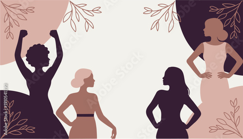 Minimal vector illustration of diverse female silhouettes symbolizing empowerment, feminism and unity. Modern abstract background in soft earthy tones.