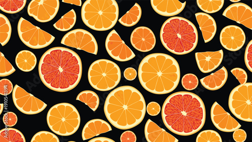 Vibrant and fresh seamless pattern of orange and grapefruit slices scattered across a solid black background.