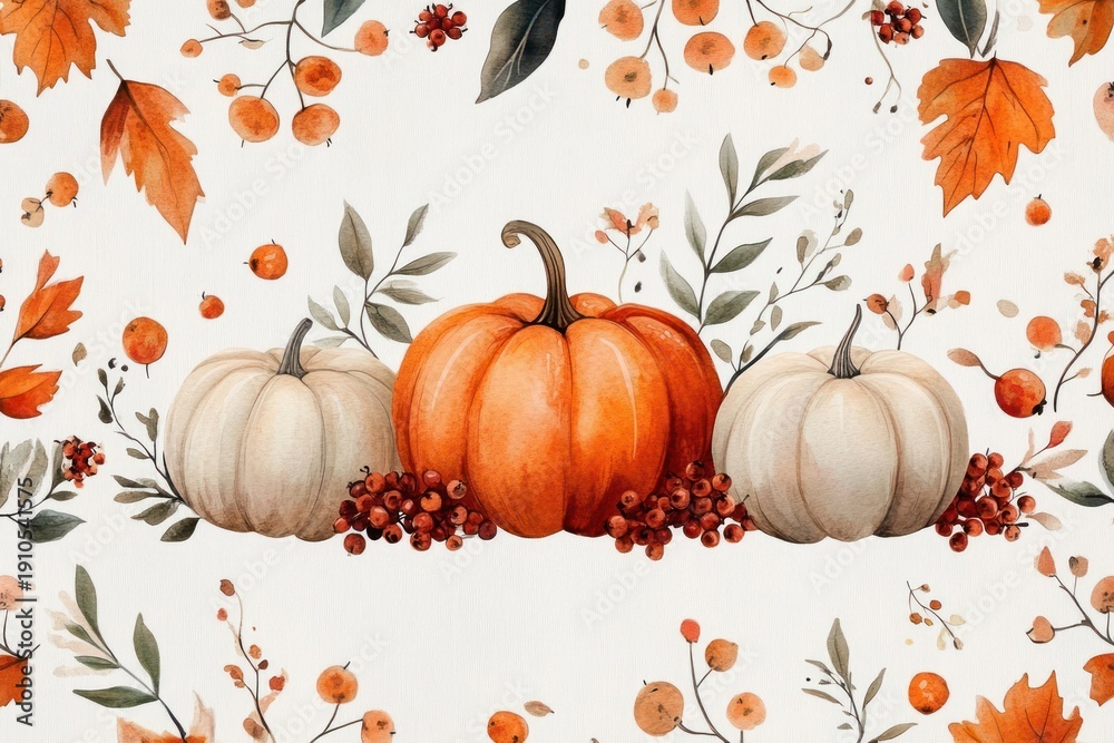 Naklejka premium three pumpkins (one vibrant orange center and two pale white) surrounded by autumn leaves, red berries and delicate branches in a warm cozy watercolor harvest scene