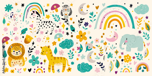 Whimsical illustration featuring animals rainbows and floral elements