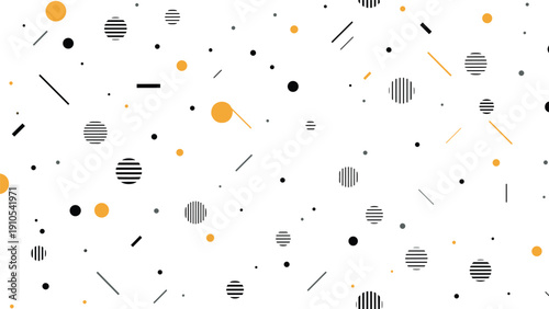 Modern abstract geometric background featuring black and orange circles with dashed and solid lines on a clean white surface.