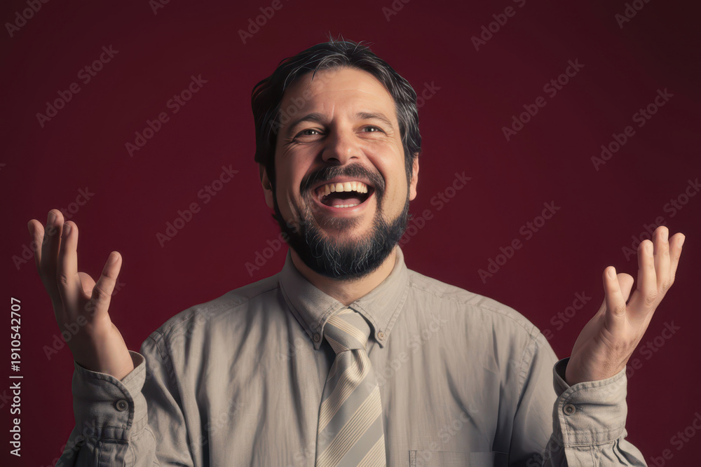 Naklejka premium Ecstatic businessman with beard laughing joyfully with arms raised in celebration against red . Formal shirt and tie expressing extreme happiness and success for corporate concepts. 