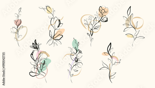 Flowers and Plants Set Abstract Line Art Drawing. Hand Drawn Floral Plant Vector Illustrations Collection. Graphic Simple Spring Flowers Line Art Drawing. Botanical Doodle Hand Drawn Design