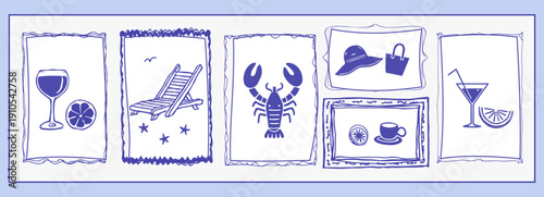 Minimalist Poster Set. Collection of Travel Coastal Posters for Wall Art, Cover, Postcards, Branding, Banner Design. Summer Vacation Abstract Cards. La Dolce Vita Background Templates with Simple Arts