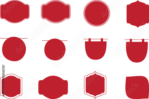 Vector collection of 12 red shield and crest shapes on a white background