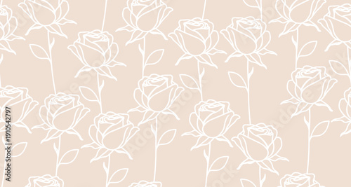 Floral Seamless Pattern. Vector Pink and White Rose Flower Ornament Design. Elegant Floral Wallpaper Template. Minimalist Monochrome Flower Texture. Repeated Floral Trendy Design for Fabric, Prints