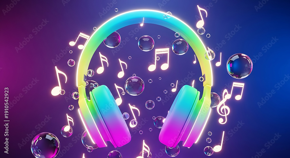 Fototapeta premium Stylish Electronic Headset with Glowing Melody Elements 3D Render