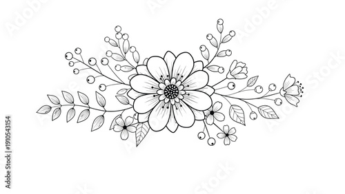 Hand drawn floral bouquet line art featuring a central blooming flower with delicate leaves and berry sprigs on white.