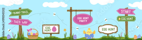 Easter egg hunt concept. Easter background with sign, basket, chick, decorated eggs. Easter banner. Hand drawn vector illustration.