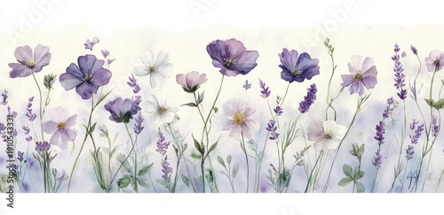 Delicate watercolor wildflower meadow of purple and white blossoms and lavender sprigs with slender green stems and tiny butterflies on a soft pastel background, serene and dreamy