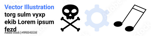 Danger, technology, music, innovation, data processing, warning signs. Black skull with crossbones, grey gear and musical note symbols. Danger and technology concept