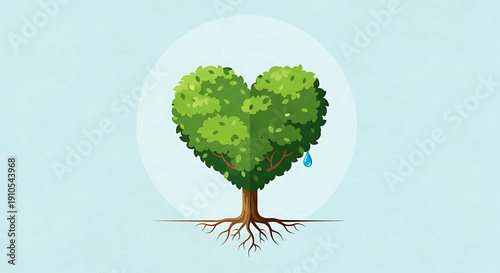 Heart shaped tree with roots and a single tear drop on a light blue background symbolizing love and environmental care