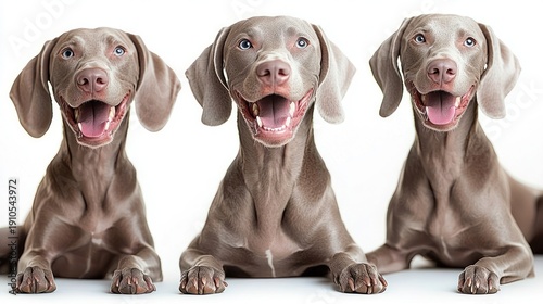 three joyful gray short-haired puppies with tongues out and bright eyes lying side by side on a white background