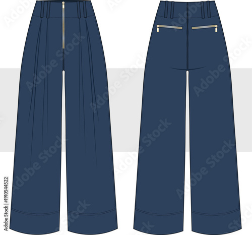 Women's Baggy jeans, Wide Leg  Denim Pants, Trousers. Front and Back View. Fashion Flat Sketch Vector illustration, CAD, Technical Drawing, Flat Drawing, Template, Mockup.