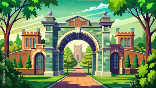 Very beautiful historic stone archway serving as a gateway to an elegant university campus, surrounded by lush greenery and classic collegiate architecture in a charming suburban setting.
