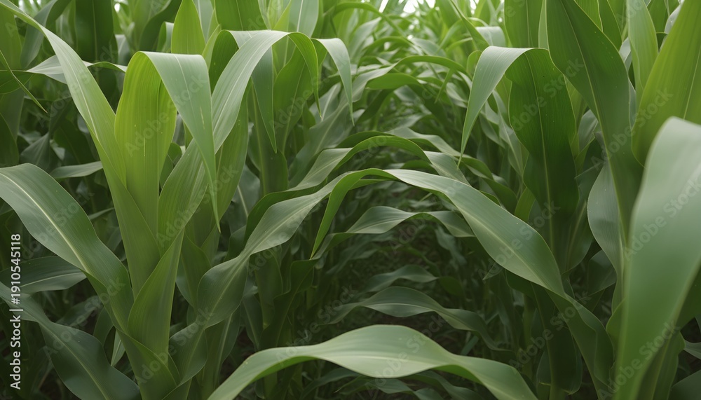 Obraz premium A lush field of vibrant green cornstalks swaying gently in the breeze on a sunny day with leaves and plants growing densely together.