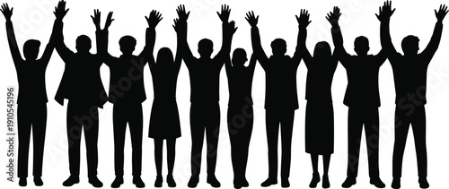 Group of people silhouette raising hands together, teamwork and celebration concept, happy crowd standing in unity, isolated black vector illustration