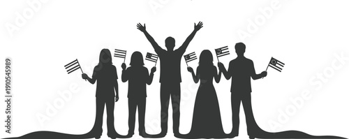 People silhouettes stand together, holding small American flags, with one figure raising arms in triumph or celebration, symbolizing patriotism, unity, and freedom.