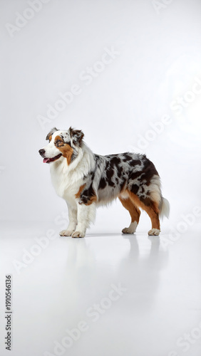 Wallpaper Mural Australian Shepherd stands on reflective white floor, brown and white spots, long fur, medium build, alert expression Torontodigital.ca