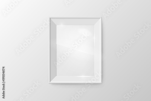 Realistic vintage rectangle classic photo frame with inner glass on white wall background. Rectangle border. Invitation, sale, memories, exhibition card design. Vector illustration