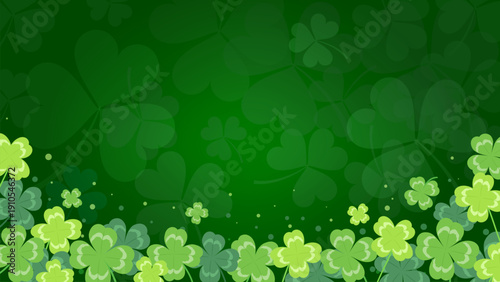 St. Patrick's Day, Shamrock background Vector illustration. Clover leaves on green shamrock bokeh background.