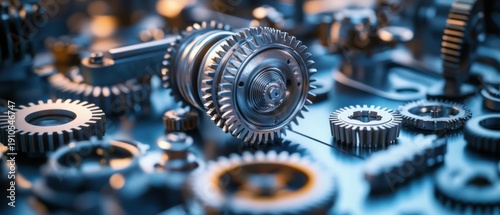 close-up of polished metallic gears, cogs, shafts and mechanical components bathed in cool blue light, evoking precision and industrial focus