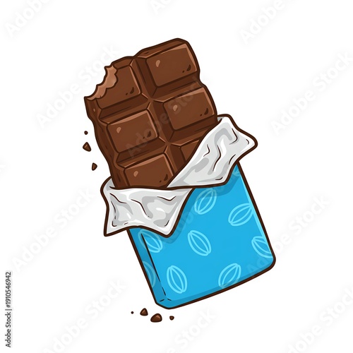 A bitten chocolate bar partially unwrapped with crumbs falling