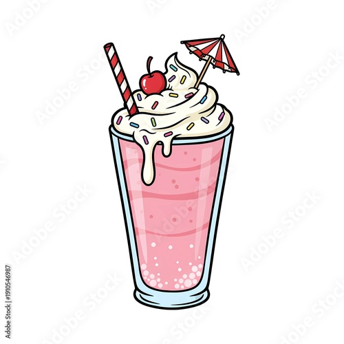 Vibrant pink milkshake illustration with whipped cream, colorful sprinkles, a cherry, and a cocktail umbrella