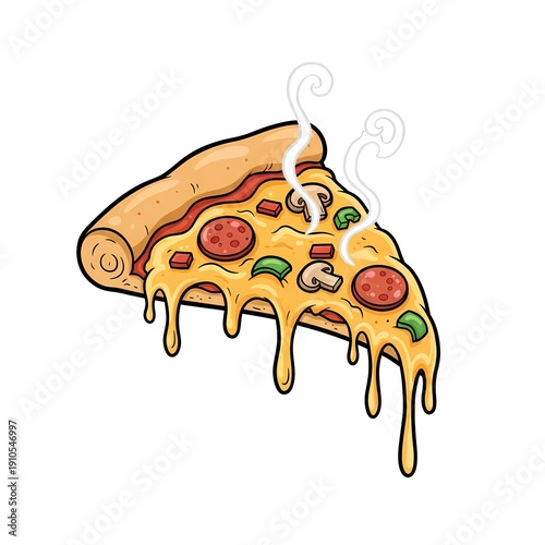 Steaming cartoon pizza slice with melting dripping cheese and toppings